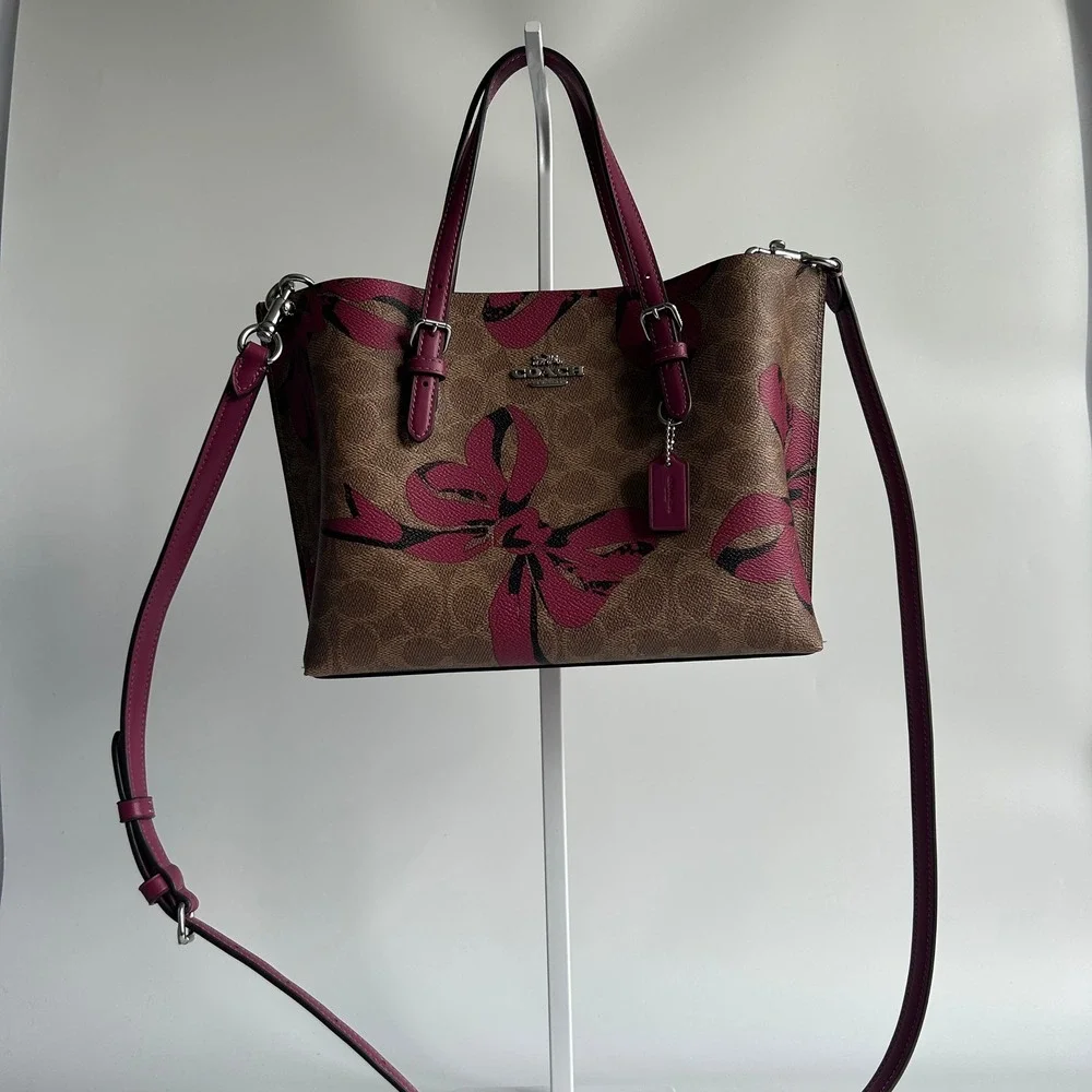 Coach Mollie Tote 25 Brown Pink Signature Canvas Bow Print Tote Excellent